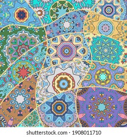 Vector patchwork quilt pattern. Vintage decorative collage. Hand drawn background. Indian, Arabic, Turkish motifs for printing on fabric or paper. Abstract colorful doodle pattern in mosaic style