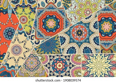 Vector patchwork quilt pattern. Vintage decorative collage. Hand drawn background. Indian, Arabic, Turkish motifs for printing on fabric or paper. Abstract colorful doodle pattern in mosaic style