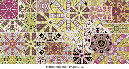 Vector patchwork quilt pattern. Vintage decorative collage. Hand drawn background. Indian, Arabic, Turkish motifs for printing on fabric or paper. Abstract colorful doodle pattern in mosaic style