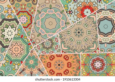 Vector patchwork quilt pattern. Vintage decorative collage. Hand drawn background. Indian, Arabic, Turkish motifs for printing on fabric or paper. Abstract colorful doodle pattern in mosaic style