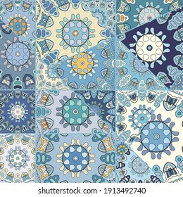 Vector patchwork quilt pattern. Vintage decorative collage. Hand drawn background. Indian, Arabic, Turkish motifs for printing on fabric or paper. Abstract colorful doodle pattern in mosaic style