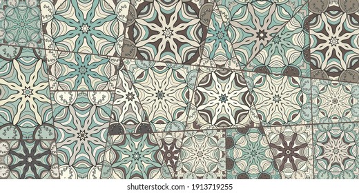 Vector patchwork quilt pattern. Vintage decorative collage. Hand drawn background. Indian, Arabic, Turkish motifs for printing on fabric or paper. Abstract colorful doodle pattern in mosaic style