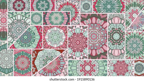 Vector patchwork quilt pattern. Vintage decorative collage. Hand drawn background. Indian, Arabic, Turkish motifs for printing on fabric or paper. Abstract colorful doodle pattern in mosaic style