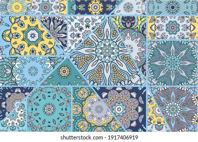 Vector patchwork quilt pattern. Vintage decorative collage. Hand drawn background. Indian, Arabic, Turkish motifs for printing on fabric or paper. Abstract colorful doodle pattern in mosaic style