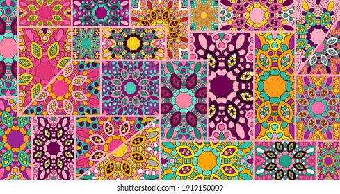 Vector patchwork quilt pattern. Vintage decorative collage. Hand drawn background. Indian, Arabic, Turkish motifs for printing on fabric or paper. Abstract colorful doodle pattern in mosaic style