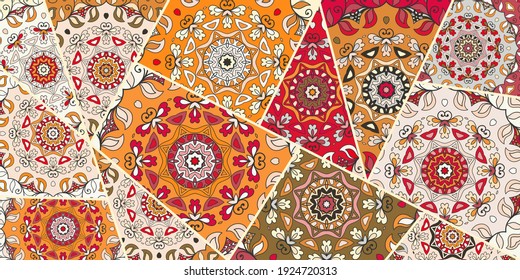 Vector patchwork quilt pattern. Vintage decorative collage. Hand drawn background. Indian, Arabic, Turkish motifs for printing on fabric or paper. Abstract colorful doodle pattern in mosaic style