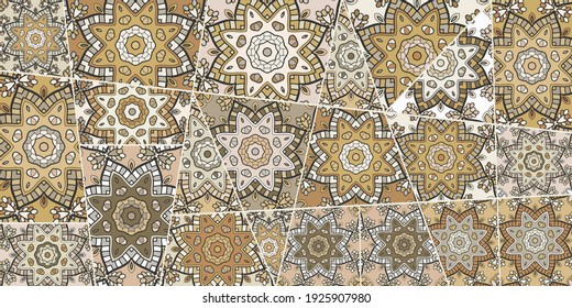 Vector patchwork quilt pattern. Vintage decorative collage. Hand drawn background. Indian, Arabic, Turkish motifs for printing on fabric or paper. Abstract colorful doodle pattern in mosaic style