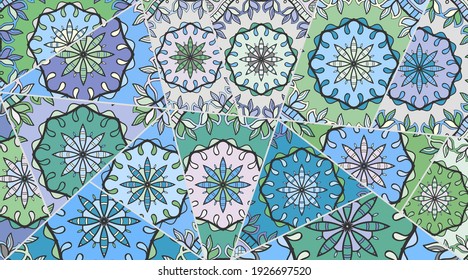 Vector patchwork quilt pattern. Vintage decorative collage. Hand drawn background. Indian, Arabic, Turkish motifs for printing on fabric or paper. Abstract colorful doodle pattern in mosaic style