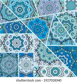 Vector patchwork quilt pattern. Vintage decorative collage. Hand drawn background. Indian, Arabic, Turkish motifs for printing on fabric or paper. Abstract colorful doodle pattern in mosaic style