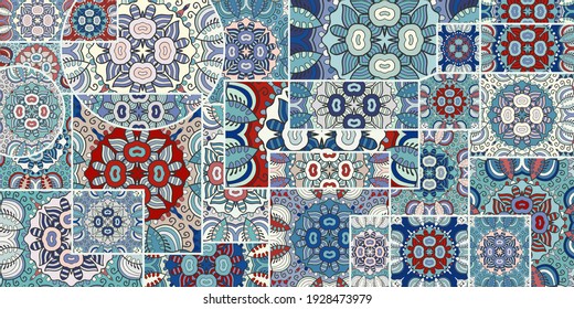 Vector patchwork quilt pattern. Vintage decorative collage. Hand drawn background. Indian, Arabic, Turkish motifs for printing on fabric or paper. Abstract colorful doodle pattern in mosaic style