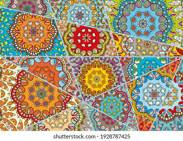 Vector patchwork quilt pattern. Vintage decorative collage. Hand drawn background. Indian, Arabic, Turkish motifs for printing on fabric or paper. Abstract colorful doodle pattern in mosaic style