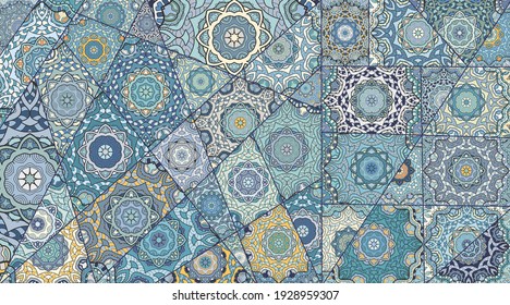 Vector patchwork quilt pattern. Vintage decorative collage. Hand drawn background. Indian, Arabic, Turkish motifs for printing on fabric or paper. Abstract colorful doodle pattern in mosaic style