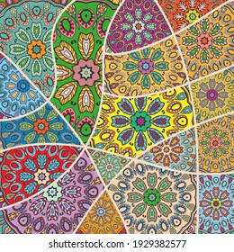 Vector patchwork quilt pattern. Vintage decorative collage. Hand drawn background. Indian, Arabic, Turkish motifs for printing on fabric or paper. Abstract colorful doodle pattern in mosaic style