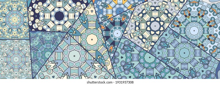Vector patchwork quilt pattern. Vintage decorative collage. Hand drawn background. Indian, Arabic, Turkish motifs for printing on fabric or paper. Abstract colorful doodle pattern in mosaic style