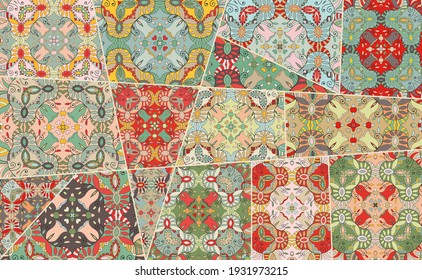 Vector patchwork quilt pattern. Vintage decorative collage. Hand drawn background. Indian, Arabic, Turkish motifs for printing on fabric or paper. Abstract colorful doodle pattern in mosaic style