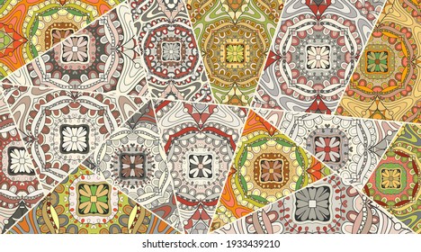 Vector patchwork quilt pattern. Vintage decorative collage. Hand drawn background. Indian, Arabic, Turkish motifs for printing on fabric or paper. Abstract colorful doodle pattern in mosaic style