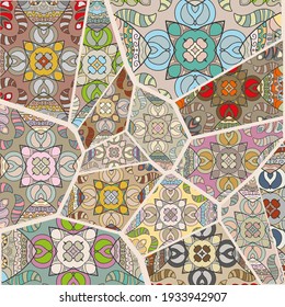 Vector patchwork quilt pattern. Vintage decorative collage. Hand drawn background. Indian, Arabic, Turkish motifs for printing on fabric or paper. Abstract colorful doodle pattern in mosaic style