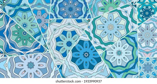 Vector patchwork quilt pattern. Vintage decorative collage. Hand drawn background. Indian, Arabic, Turkish motifs for printing on fabric or paper. Abstract colorful doodle pattern in mosaic style