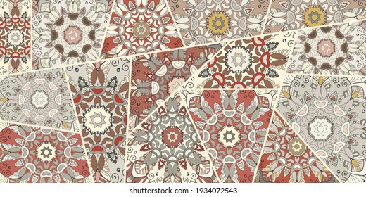 Vector patchwork quilt pattern. Vintage decorative collage. Hand drawn background. Indian, Arabic, Turkish motifs for printing on fabric or paper. Abstract colorful doodle pattern in mosaic style