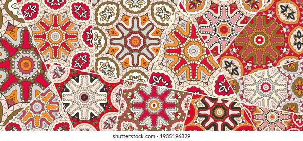 Vector patchwork quilt pattern. Vintage decorative collage. Hand drawn background. Indian, Arabic, Turkish motifs for printing on fabric or paper. Abstract colorful doodle pattern in mosaic style
