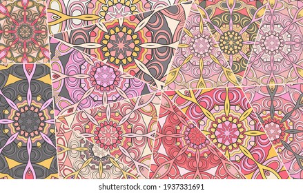 Vector patchwork quilt pattern. Vintage decorative collage. Hand drawn background. Indian, Arabic, Turkish motifs for printing on fabric or paper. Abstract colorful doodle pattern in mosaic style