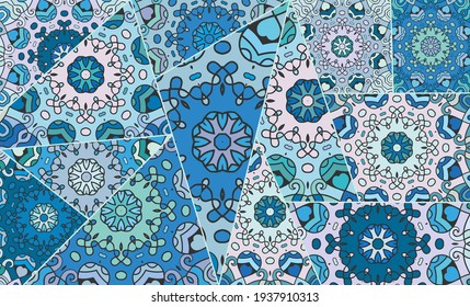 Vector patchwork quilt pattern. Vintage decorative collage. Hand drawn background. Indian, Arabic, Turkish motifs for printing on fabric or paper. Abstract colorful doodle pattern in mosaic style