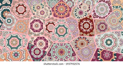 Vector patchwork quilt pattern. Vintage decorative collage. Hand drawn background. Indian, Arabic, Turkish motifs for printing on fabric or paper. Abstract colorful doodle pattern in mosaic style