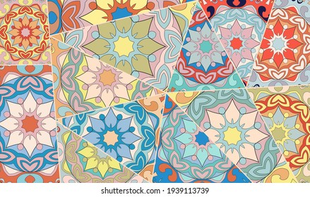 Vector patchwork quilt pattern. Vintage decorative collage. Hand drawn background. Indian, Arabic, Turkish motifs for printing on fabric or paper. Abstract colorful doodle pattern in mosaic style