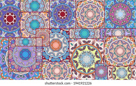Vector patchwork quilt pattern. Vintage decorative collage. Hand drawn background. Indian, Arabic, Turkish motifs for printing on fabric or paper. Abstract colorful doodle pattern in mosaic style