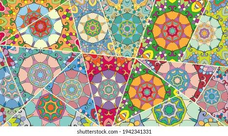 Vector patchwork quilt pattern. Vintage decorative collage. Hand drawn background. Indian, Arabic, Turkish motifs for printing on fabric or paper. Abstract colorful doodle pattern in mosaic style