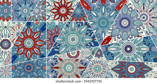 Vector patchwork quilt pattern. Vintage decorative collage. Hand drawn background. Indian, Arabic, Turkish motifs for printing on fabric or paper. Abstract colorful doodle pattern in mosaic style