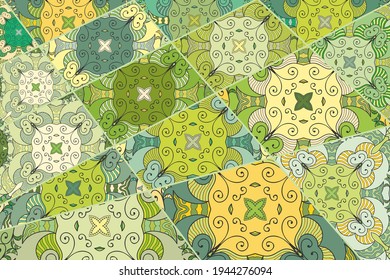 Vector patchwork quilt pattern. Vintage decorative collage. Hand drawn background. Indian, Arabic, Turkish motifs for printing on fabric or paper. Abstract colorful doodle pattern in mosaic style