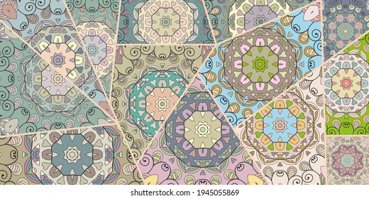 Vector patchwork quilt pattern. Vintage decorative collage. Hand drawn background. Indian, Arabic, Turkish motifs for printing on fabric or paper. Abstract colorful doodle pattern in mosaic style