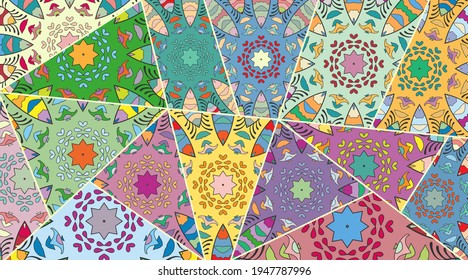 Vector patchwork quilt pattern. Vintage decorative collage. Hand drawn background. Indian, Arabic, Turkish motifs for printing on fabric or paper. Abstract colorful doodle pattern in mosaic style
