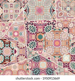 Vector patchwork quilt pattern. Vintage decorative collage. Hand drawn background. Indian, Arabic, Turkish motifs for printing on fabric or paper. Abstract colorful doodle pattern in mosaic style