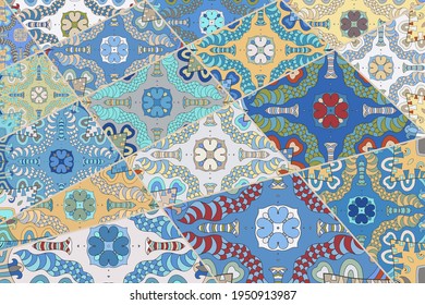 Vector patchwork quilt pattern. Vintage decorative collage. Hand drawn background. Indian, Arabic, Turkish motifs for printing on fabric or paper. Abstract colorful doodle pattern in mosaic style