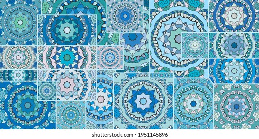 Vector patchwork quilt pattern. Vintage decorative collage. Hand drawn background. Indian, Arabic, Turkish motifs for printing on fabric or paper. Abstract colorful doodle pattern in mosaic style