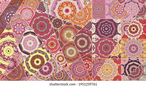 Vector patchwork quilt pattern. Vintage decorative collage. Hand drawn background. Indian, Arabic, Turkish motifs for printing on fabric or paper. Abstract colorful doodle pattern in mosaic style