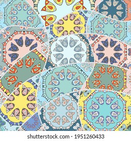 Vector patchwork quilt pattern. Vintage decorative collage. Hand drawn background. Indian, Arabic, Turkish motifs for printing on fabric or paper. Abstract colorful doodle pattern in mosaic style
