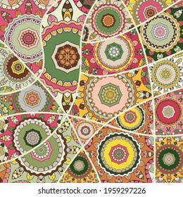Vector patchwork quilt pattern. Vintage decorative collage. Hand drawn background. Indian, Arabic, Turkish motifs for printing on fabric or paper. Abstract colorful doodle pattern in mosaic style