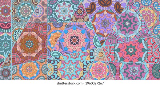 Vector patchwork quilt pattern. Vintage decorative collage. Hand drawn background. Indian, Arabic, Turkish motifs for printing on fabric or paper. Abstract colorful doodle pattern in mosaic style