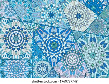 Vector patchwork quilt pattern. Vintage decorative collage. Hand drawn background. Indian, Arabic, Turkish motifs for printing on fabric or paper. Abstract colorful doodle pattern in mosaic style