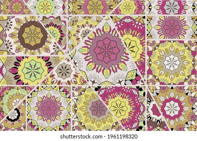 Vector patchwork quilt pattern. Vintage decorative collage. Hand drawn background. Indian, Arabic, Turkish motifs for printing on fabric or paper. Abstract colorful doodle pattern in mosaic style