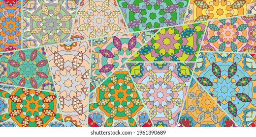 Vector patchwork quilt pattern. Vintage decorative collage. Hand drawn background. Indian, Arabic, Turkish motifs for printing on fabric or paper. Abstract colorful doodle pattern in mosaic style