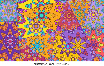 Vector patchwork quilt pattern. Vintage decorative collage. Hand drawn background. Indian, Arabic, Turkish motifs for printing on fabric or paper. Abstract colorful doodle pattern in mosaic style