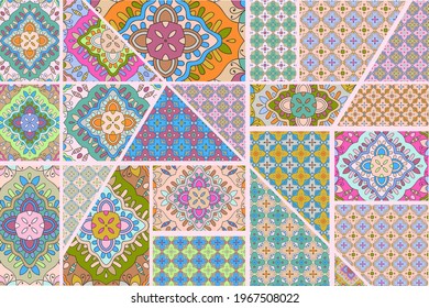 Vector patchwork quilt pattern. Vintage decorative collage. Hand drawn background. Indian, Arabic, Turkish motifs for printing on fabric or paper. Abstract colorful doodle pattern in mosaic style