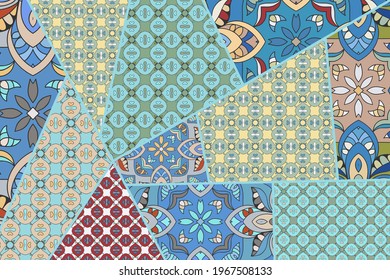 Vector patchwork quilt pattern. Vintage decorative collage. Hand drawn background. Indian, Arabic, Turkish motifs for printing on fabric or paper. Abstract colorful doodle pattern in mosaic style