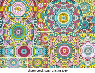 Vector patchwork quilt pattern. Vintage decorative collage. Hand drawn background. Indian, Arabic, Turkish motifs for printing on fabric or paper. Abstract colorful doodle pattern in mosaic style