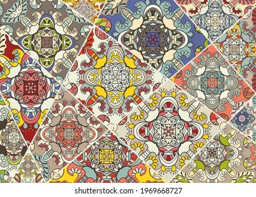 Vector patchwork quilt pattern. Vintage decorative collage. Hand drawn background. Indian, Arabic, Turkish motifs for printing on fabric or paper. Abstract colorful doodle pattern in mosaic style