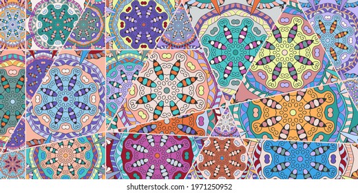 Vector patchwork quilt pattern. Vintage decorative collage. Hand drawn background. Indian, Arabic, Turkish motifs for printing on fabric or paper. Abstract colorful doodle pattern in mosaic style